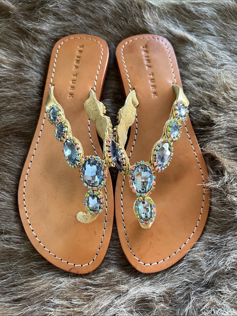 Trina Turk Embellished Gold Leather Thong Sandals with Crystal Accents 7